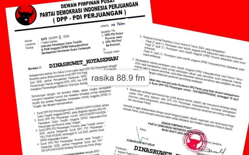 Dokumen instruksi Dewan Pimpinan Pusat (DPP) Partai Demokrasi Indonesia Perjuangan yang beredar melalui akun Instagram @dinasruwet_kotasemarang, tertanggal 9 Februari 2026. Surat yang ditandatangani Komarudin Watubun dan Hasto Kristiyanto ini menegaskan penetapan calon terpilih dan PAW anggota DPRD harus berdasarkan perolehan suara terbanyak—memicu sorotan terhadap dinamika kursi legislatif di daerah.